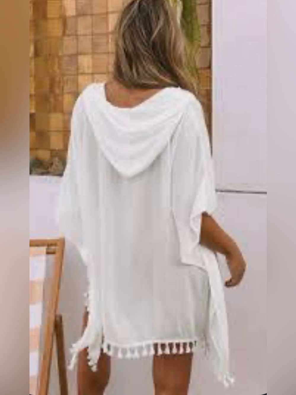 Ibiza by Anne Cole Women's White Kimono Sleeve Swim Poncho Hooded Cover Up~L~NWT
